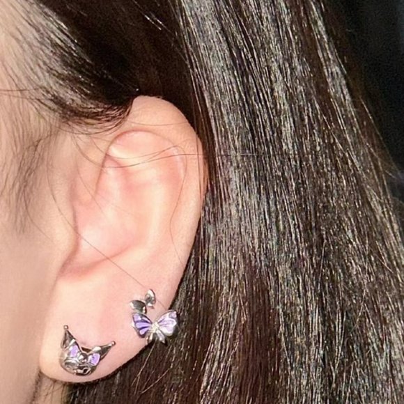 Kuromi Stud Earrings Silver Kuromi & Bow with Purple Enamel & Rhinestone on Bow - Picture 6 of 6